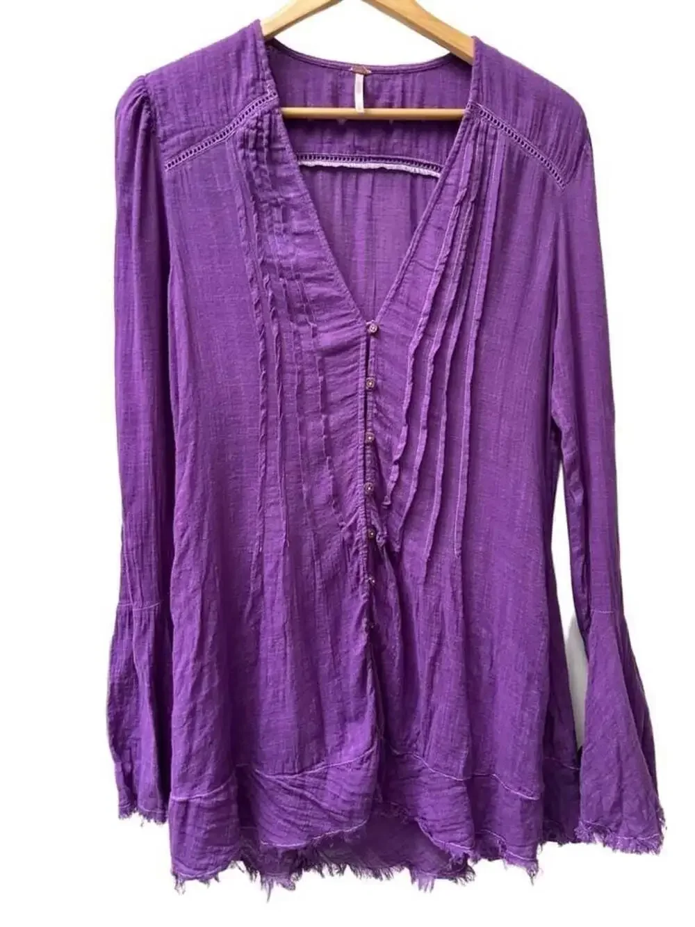 Boho Hippie Free People Bell Sleeve Purple Gauze Button-Front Long Slv Top M